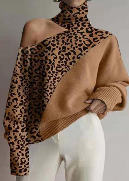 Khaki Hign Neck Cold Shoulder Knit Sweater Fall