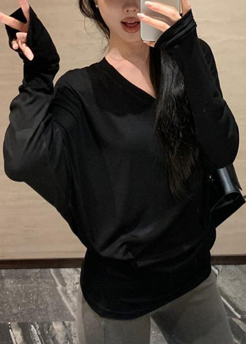 Loose Black Cozy Cotton T Shirts Batwing Sleeve