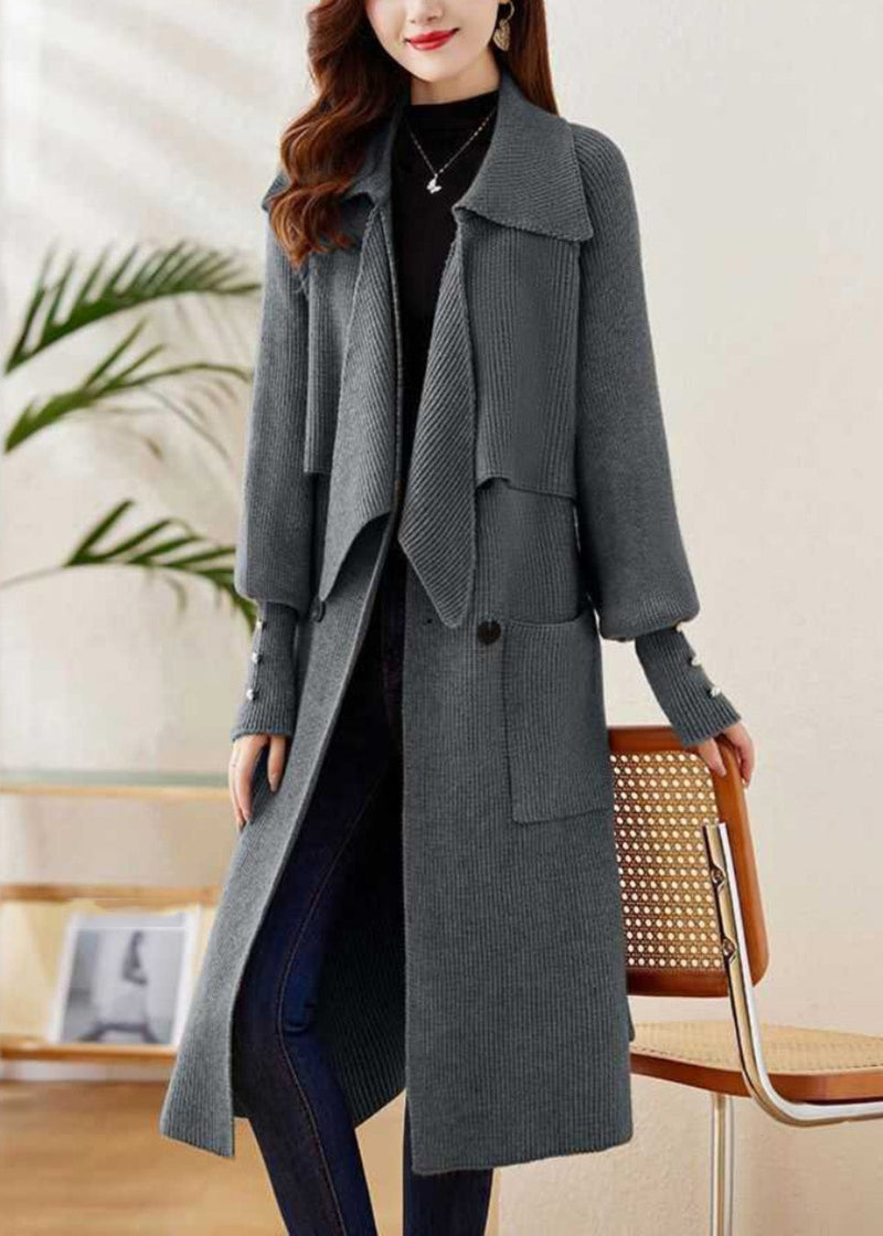 Grey Peter Pan Collar Tie Waist Knit Coats Winter