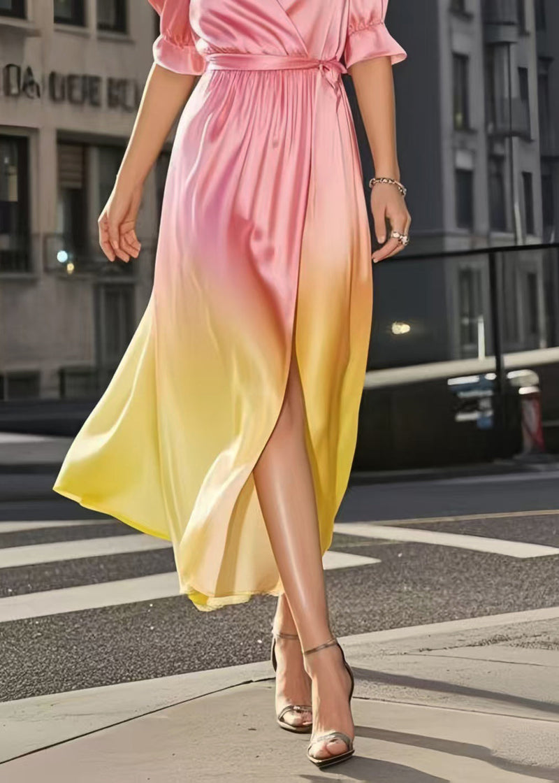 Gradient Color Cinched Draping Silk Day Dress Summer