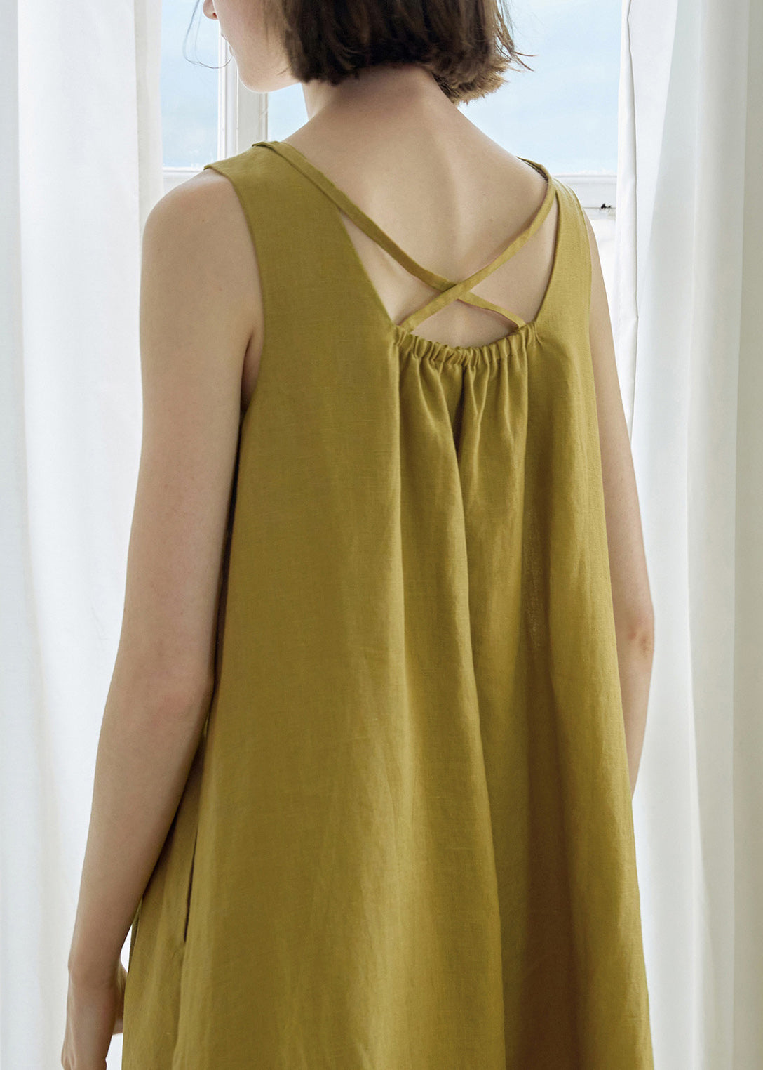 Yellow Green Square Collar Backless Linen Dress Sleeveless