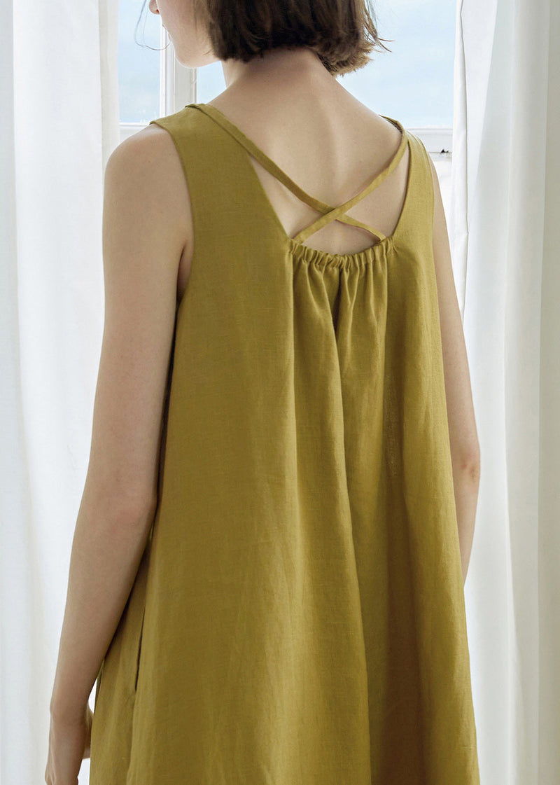 Yellow Green Square Collar Backless Linen Dress Sleeveless