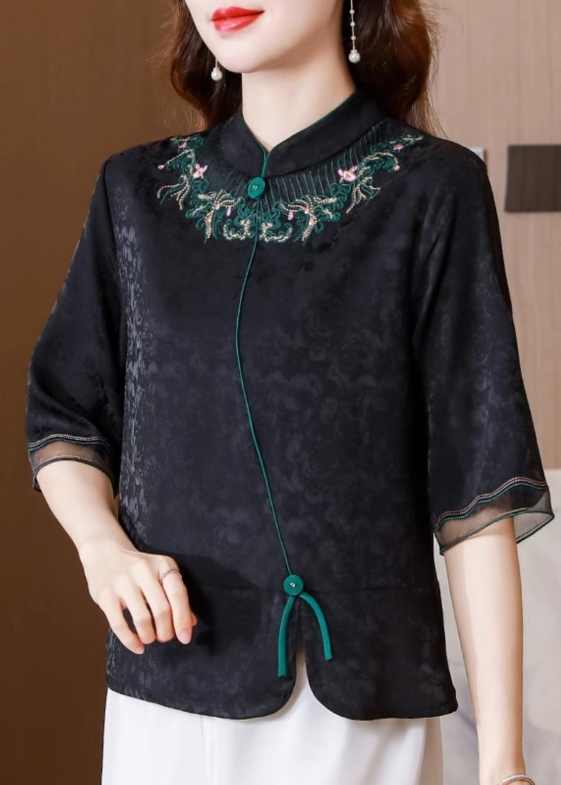 Black Stand Collar Embroidered Silk Blouse Top Summer
