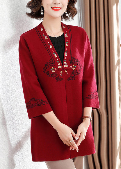Red V Neck Print Cotton Knit Cardigan Spring