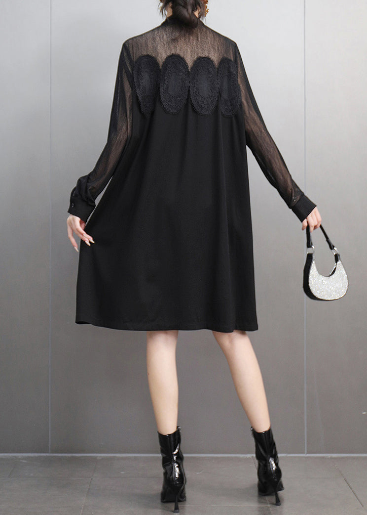 Black Lace Patchwork Tulle Long Dress Spring