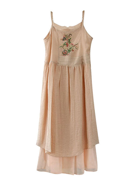 Retro Beige Embroidered Wrinkled Patchwork Long Linen Sundress Summer