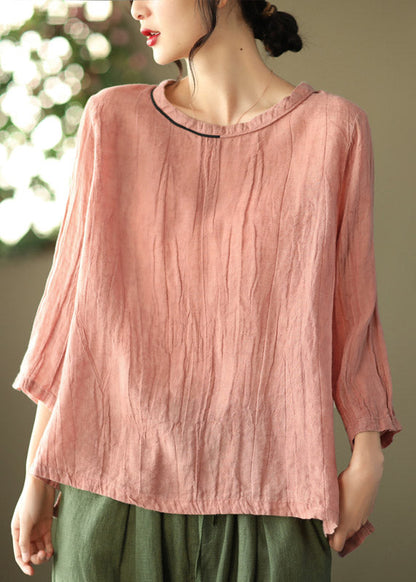 Pink O-neck Wrinkled Side Open Top Three Quarter Sleeve