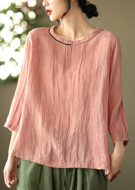 Pink O-neck Wrinkled Side Open Top Three Quarter Sleeve