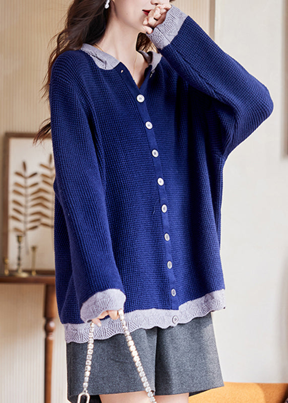 Blue Patchwork Button Cotton Hooded Knit Cardigan Fall