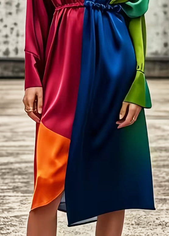 Diy Colorblock V Neck Patchwork Tie Dye Silk Dress Spring