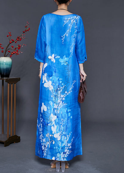 Peacock Blue Print Side Open Linen Dress Bracelet Sleeve