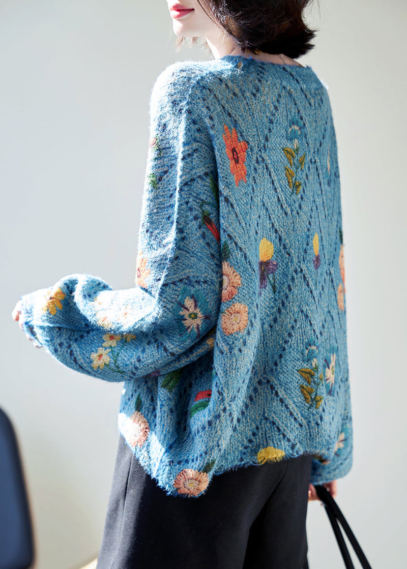 Blue O-neck Hollow Out Knit Sweaters Fall