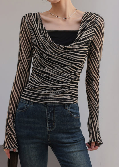Black Khaki Striped Draped Neckline Top Spring