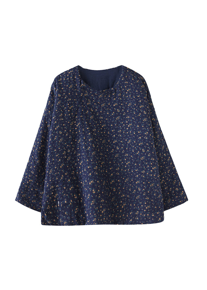 Navy O Neck Print Fine Cotton Filled Top Spring