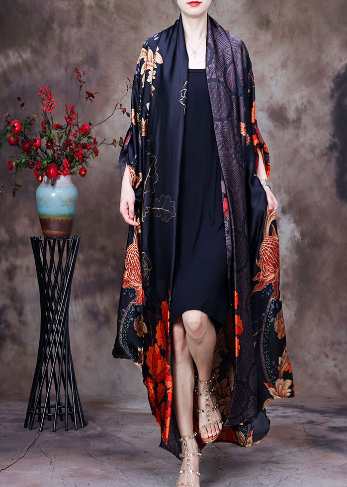 Black Print Bow Collar Side Open Silk Long Cardigan Long Sleeve