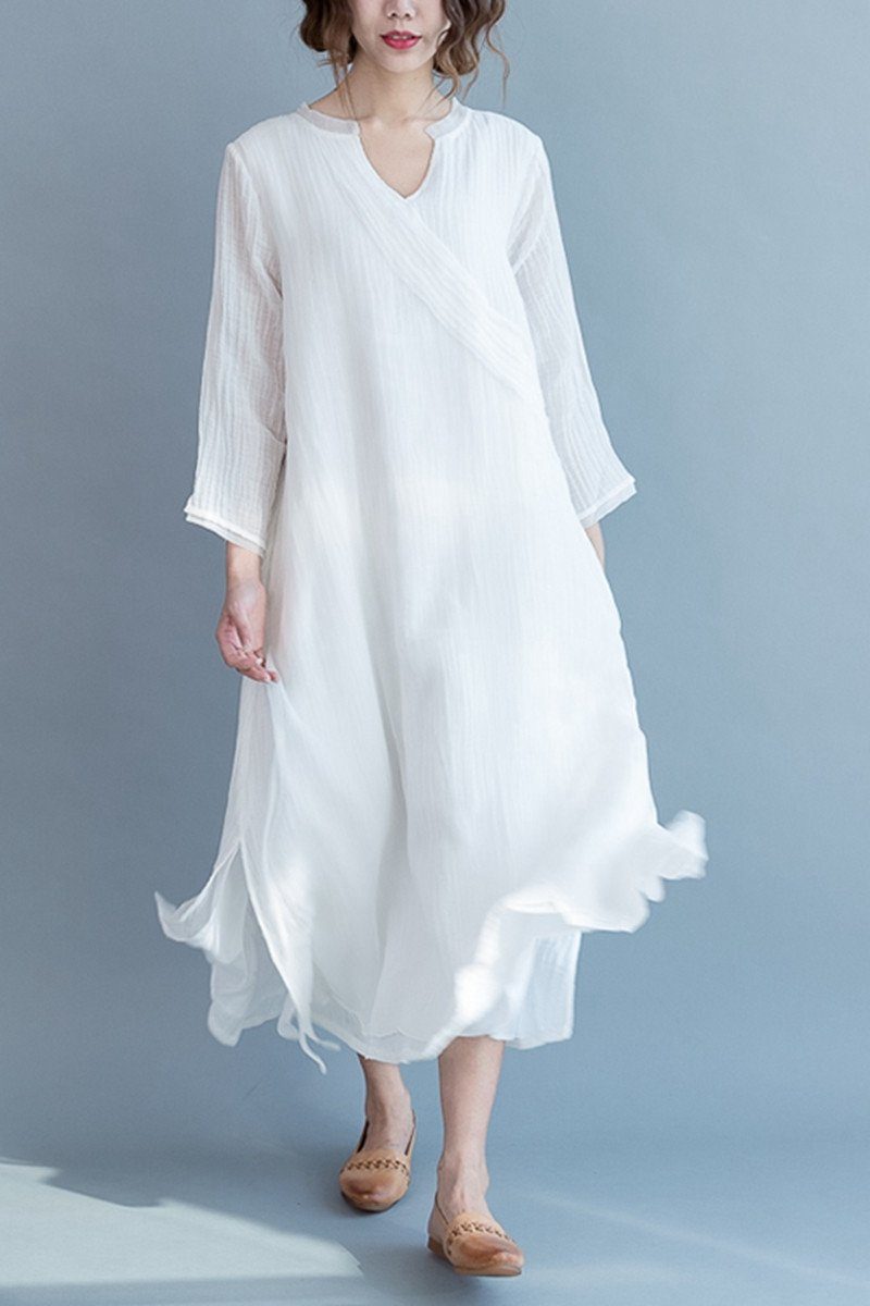 White Silk Linen Long Summer Dresses V-neck Clothing