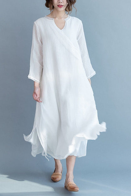 White Silk Linen Long Summer Dresses V-neck Clothing