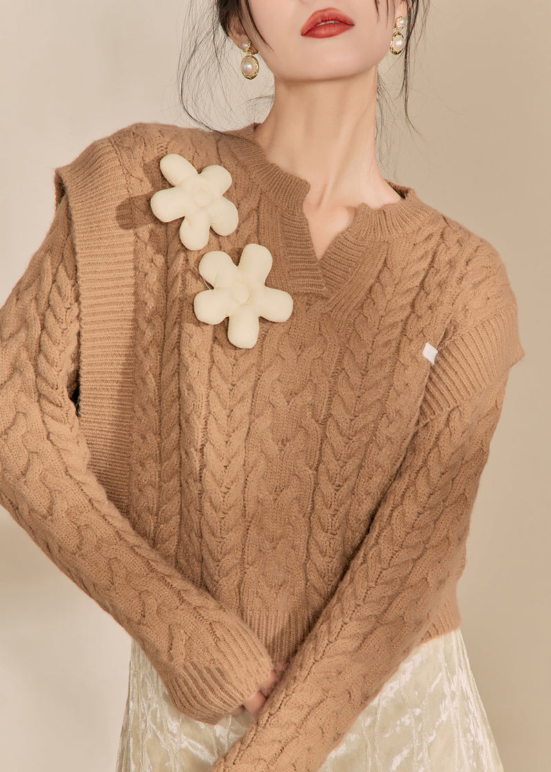 Handmade Brown V Neck Thick Cable Cotton Knit Sweaters Winter