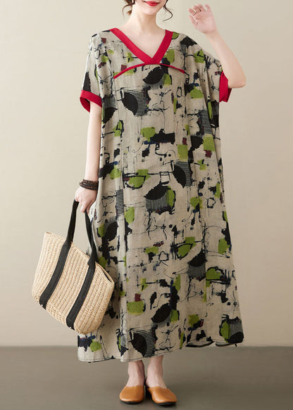Green V Neck Print Patchwork Linen Long Dresses Summer