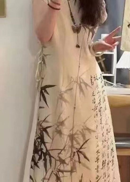Chinese Style Bamboo Ink Painting Lace Up Dress for Summer