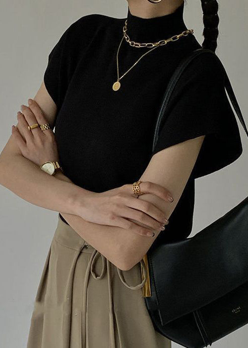Classy Black Hign Neck Knit T Shirt Top Summer
