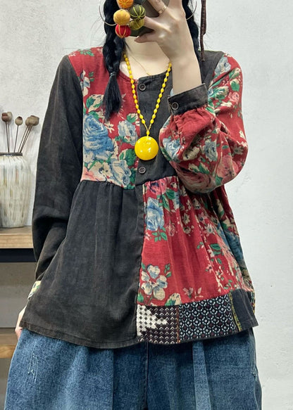 Black O Neck Print Patchwork Cotton Top Long Sleeve