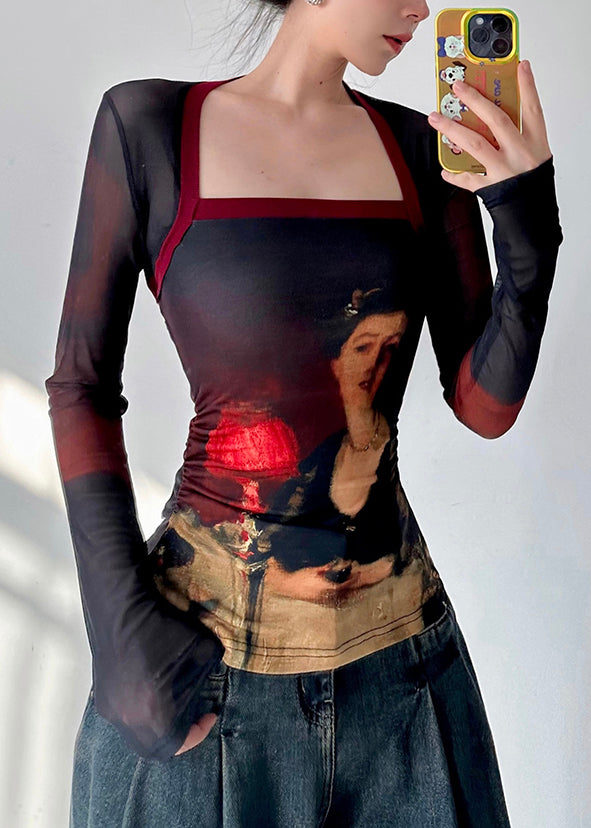 Oil Painting Style Square Neck Slim Fit T Shirt Fall