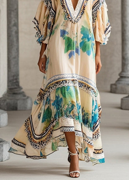 Apricot V Neck Print Chiffon Holiday Dress Summer