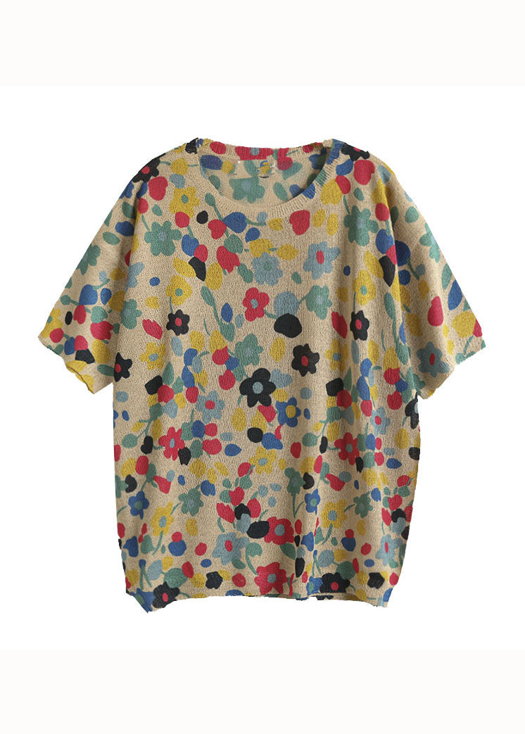 Red Print Patchwork Cotton T Shirt Top O Neck Summer