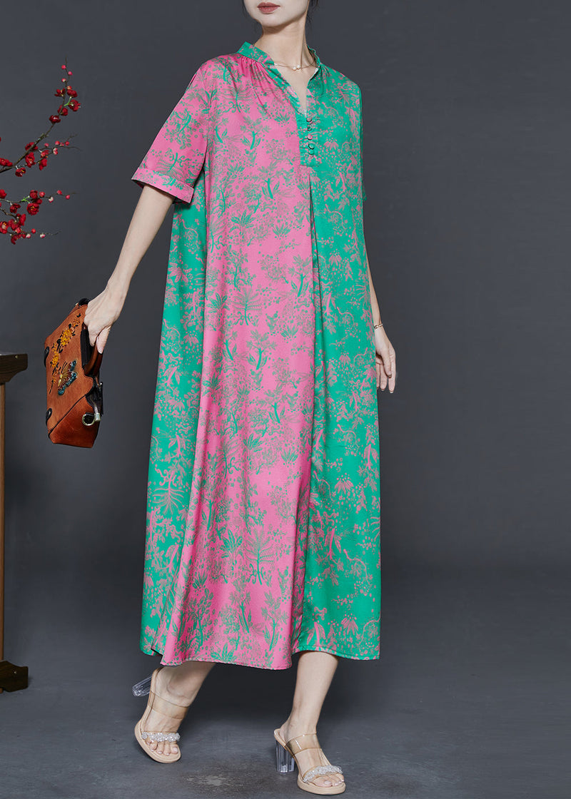 Colorblock V Neck Patchwork Print Silk Party Dress Summer