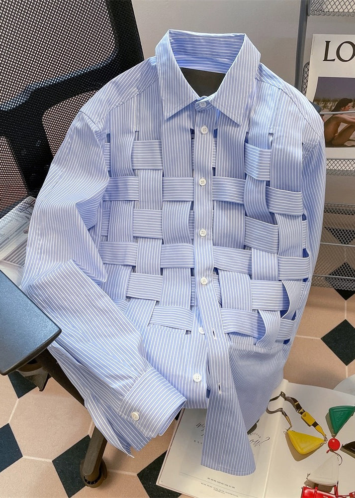 Fitted Blue Peter Pan Collar Hollow Out Plaid Cotton Shirts Fall