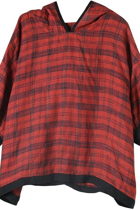 Cotton Plaid Hooded Color Patchwork T-shirt