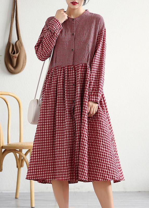 Red Plaid Cotton Linen Clothes O Neck Patchwork Cotton Dresses