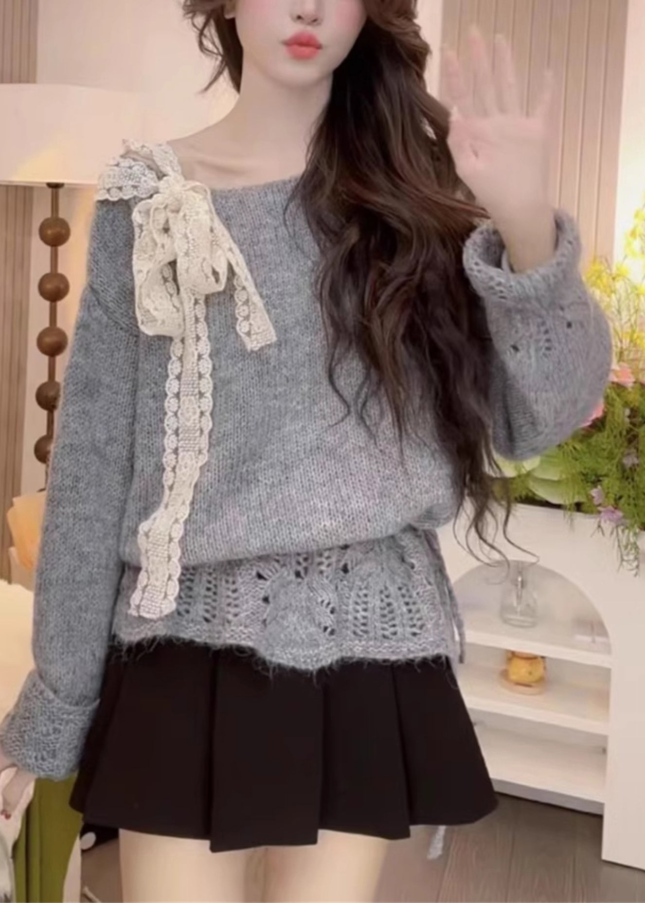 Yellow Hollow Out Bow Knit Sweaters Fall