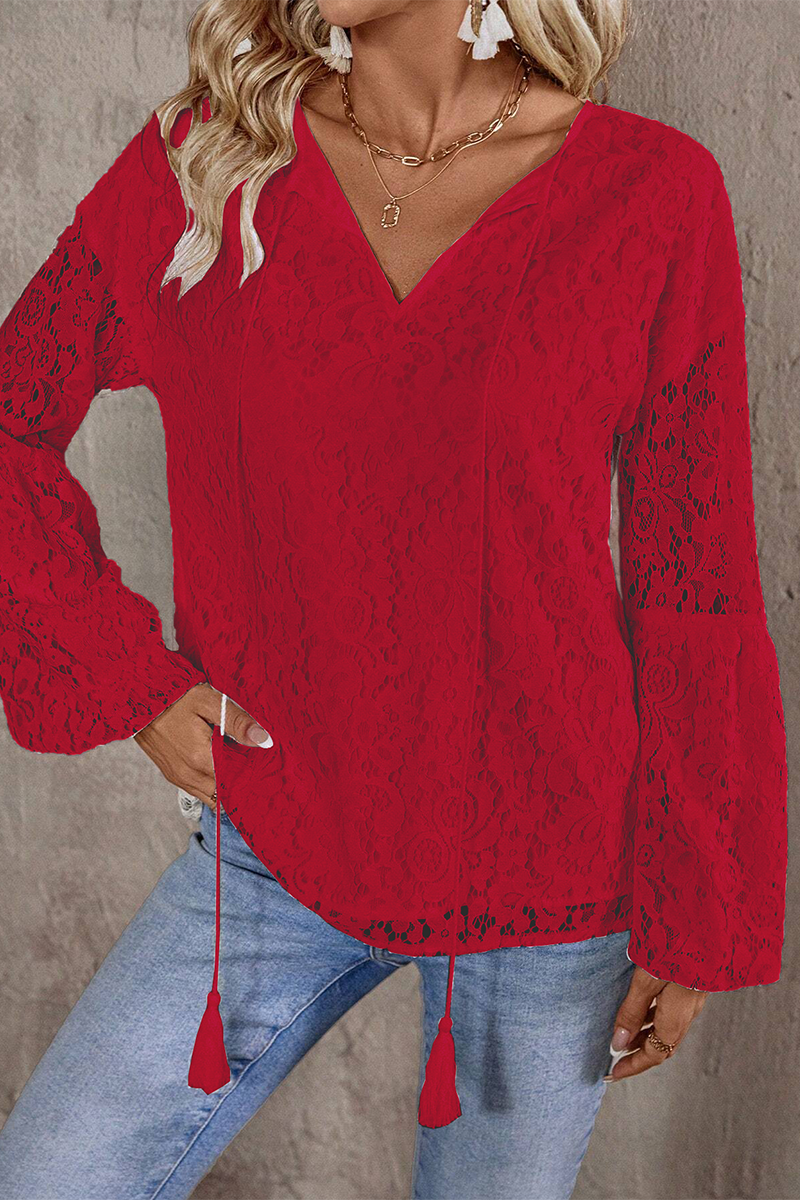 Color Lace Fringed Trim Hollow Out V Neck Tops(4 Colors)