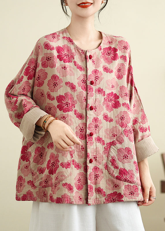 Red O Neck Pockets Print Cotton Shirts Coat Spring