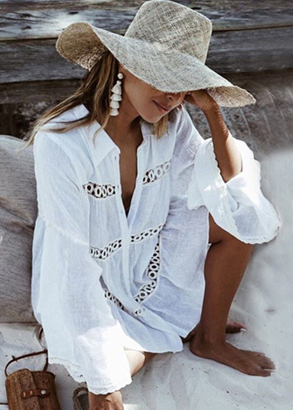 White Peter Pan Collar Hollow Out Cotton Shirt Long Sleeve