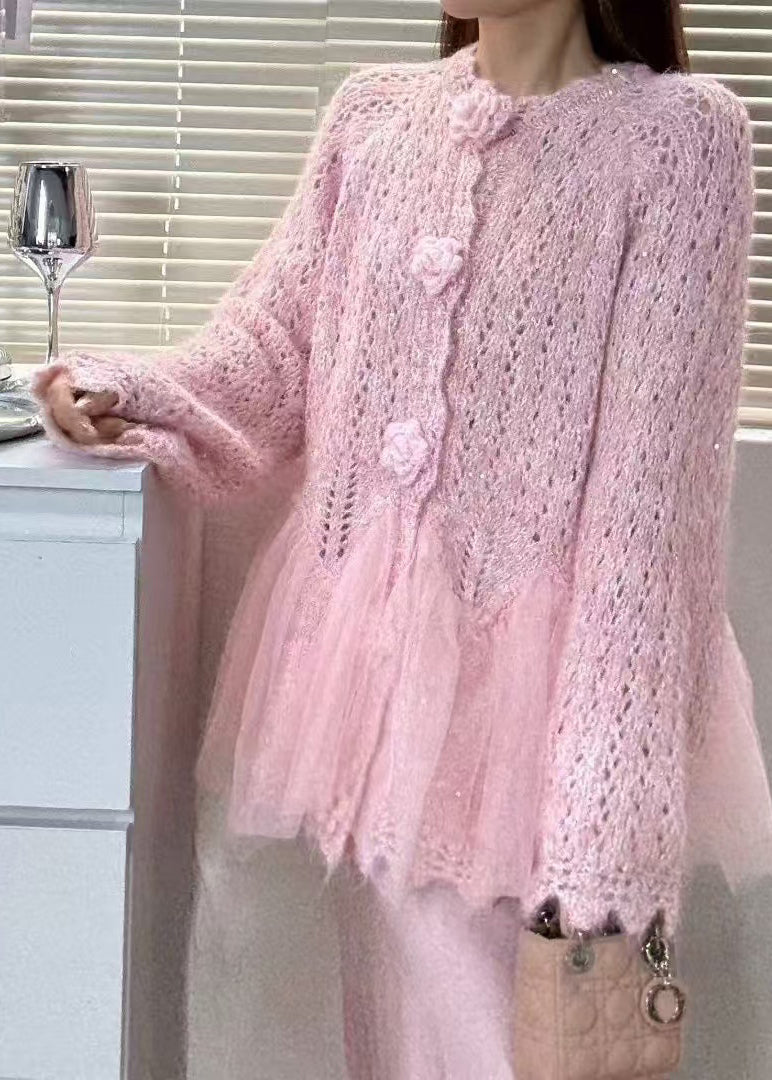 Pink Flower Patchwork Tulle Knit Cardigans Winter