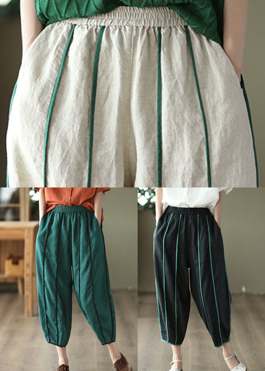 Black High Waist Pockets Striped Linen Crop Pants Summer