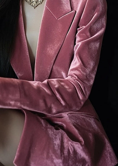 French Pink Notched Pockets Velvet Suit Coat Fall