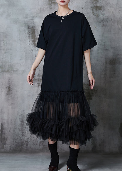 Black Oversized Patchwork Cotton Party Dress Summer