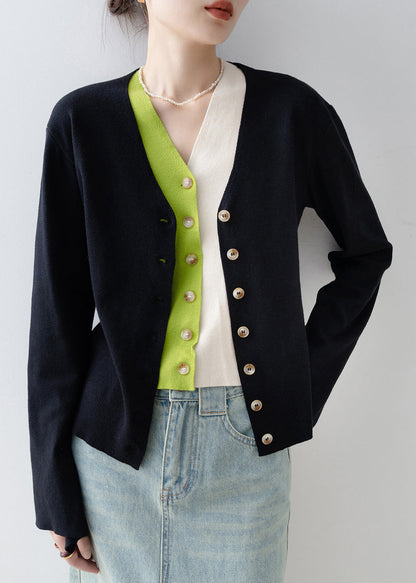 Italian Black V Neck Patchwork False Two Pieces Knit Cardigan Spring