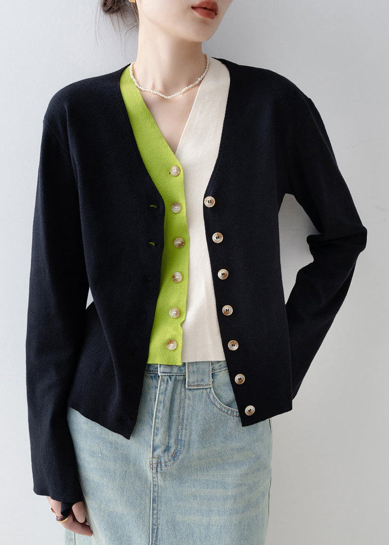 Italian Black V Neck Patchwork False Two Pieces Knit Cardigan Spring