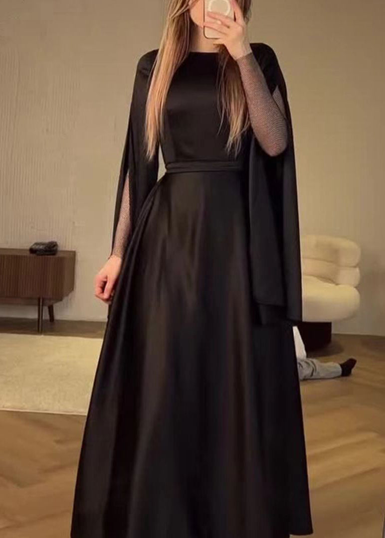 Black O Neck Patchwork Slim Fit Silk Dress Fall