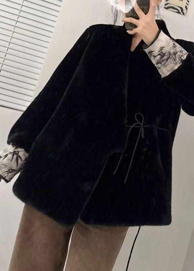 Style Black V Neck Tie Waist Patchwork Leather and Fur Coats Winter