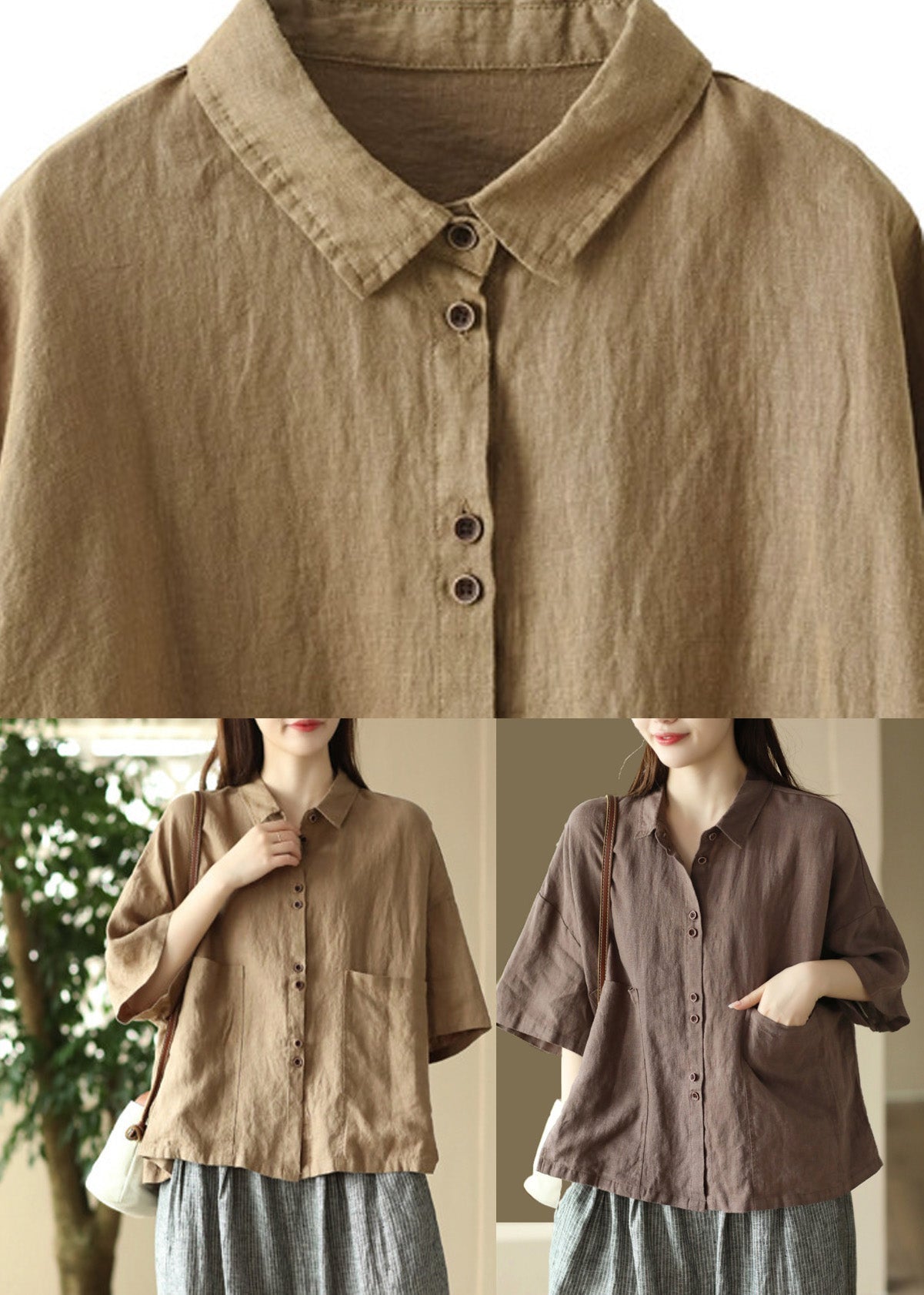 Simple Khaki Patchwork Button Linen Shirts Half Sleeve
