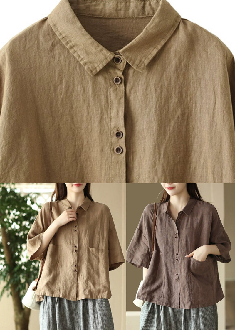 Simple Khaki Patchwork Button Linen Shirts Half Sleeve