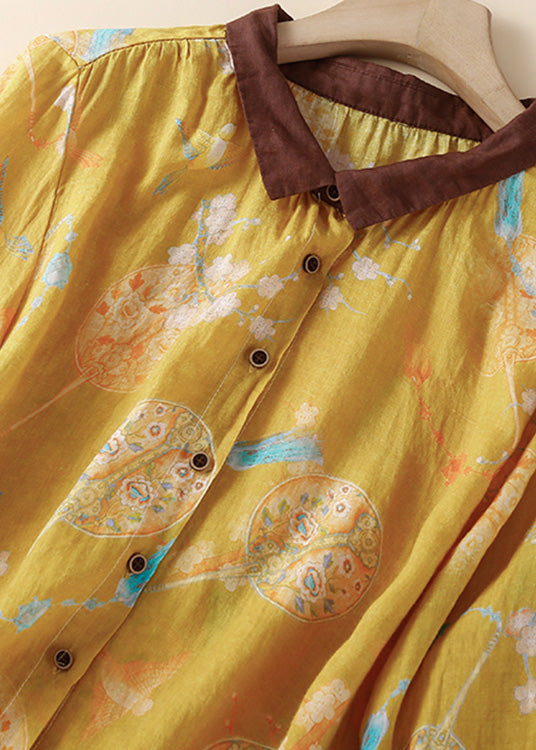 Yellow Peter Pan Collar Print Button Low High Design Linen Shirt Summer