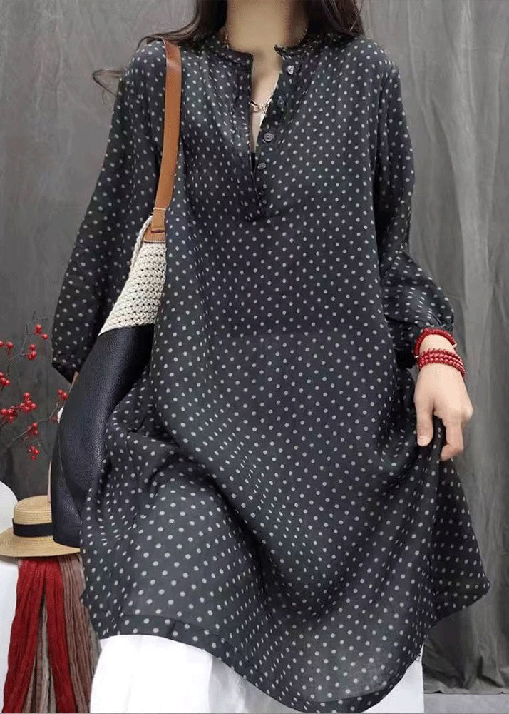 White Dot Button Pockets Cotton Shirts Dress Fall