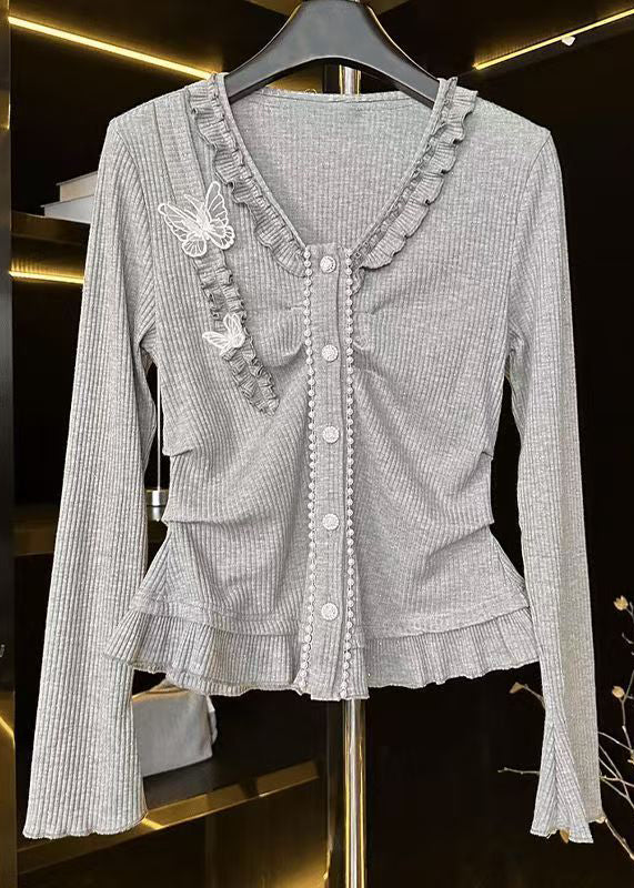 Grey V Neck Ruffled Butterfly Cotton T Shirts Spring